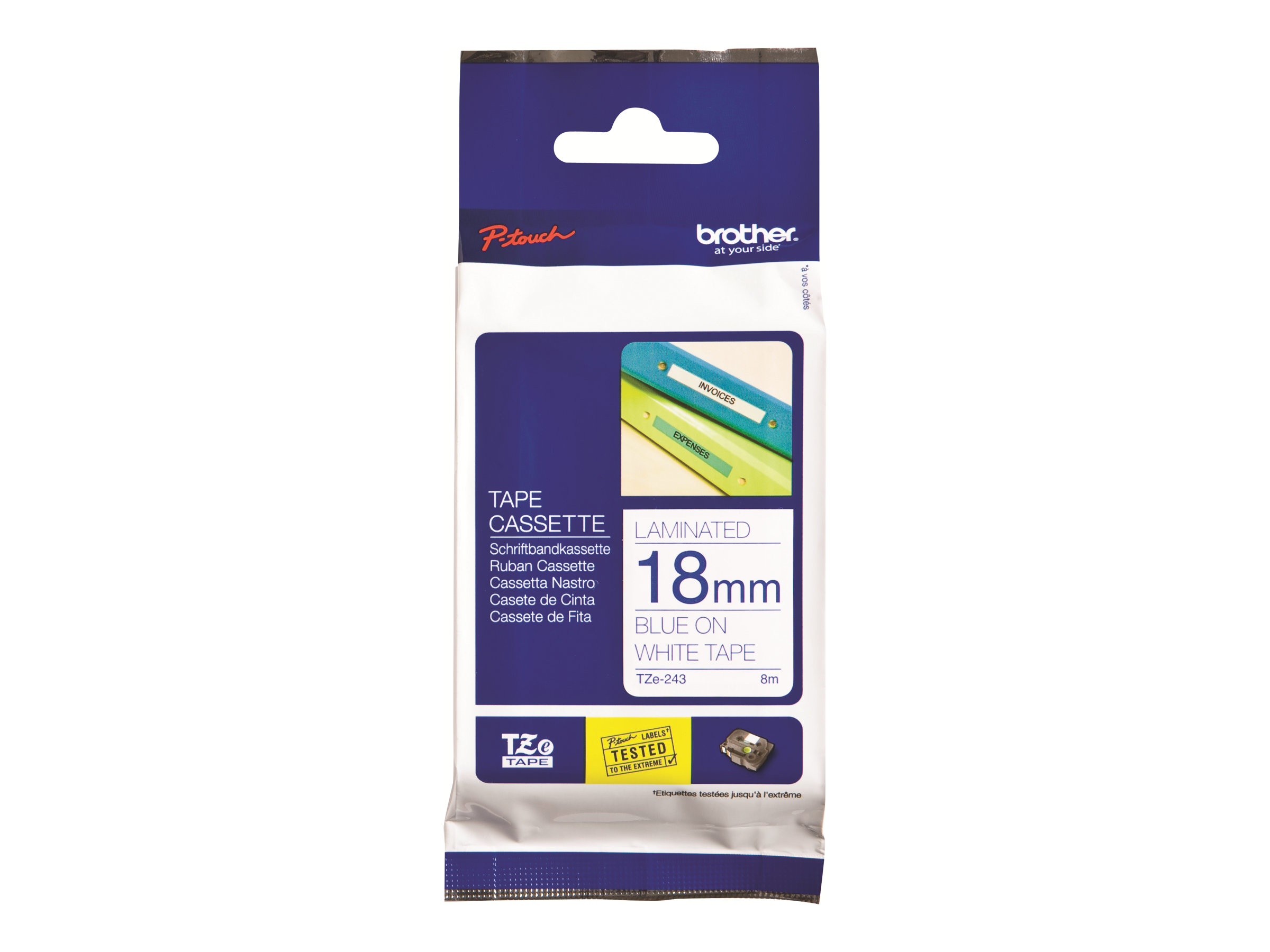 Brother TZe-243 - Standard-Klebstoff - blau auf weiß - Rolle (1,8 cm x 8 m), Ansicht 4