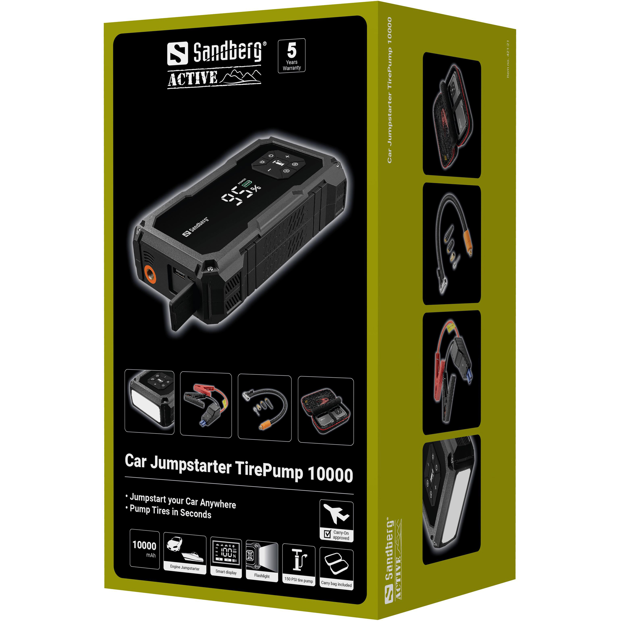 SANDBERG Active TirePump 10000 mAh - Powerbank - Li-Ion - 37 Wh - 800 A - 2 Ausgänge (USB, Starthilfeanschluss), Ansicht 2