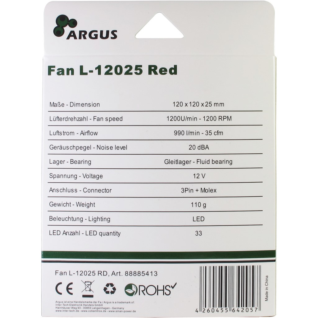 Inter-Tech Argus L-12025 - Gehäuselüfter - 120 mm - Rot, Ansicht 4