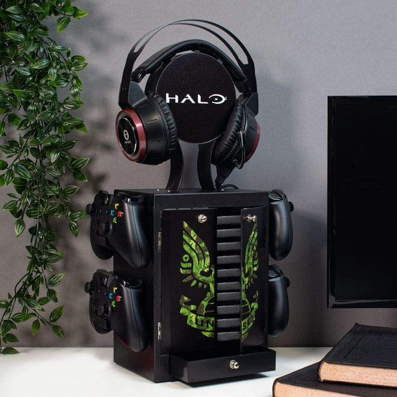 Numskull Games 5056280422457 - Halo Diskettenhalter für Spiele, Xbox, Schwarz, Grün, Matt, Ansicht 2