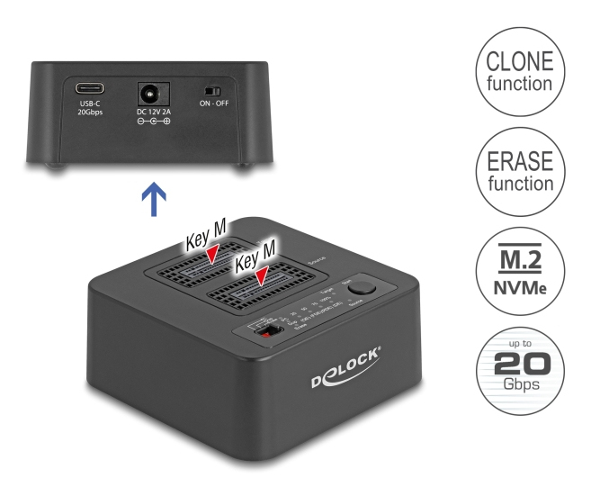 Delock SSD-Dockingstation - clone and erase function Schächte: 2 - M.2 - M.2 NVMe Card / PCIe (NVMe), Ansicht 2