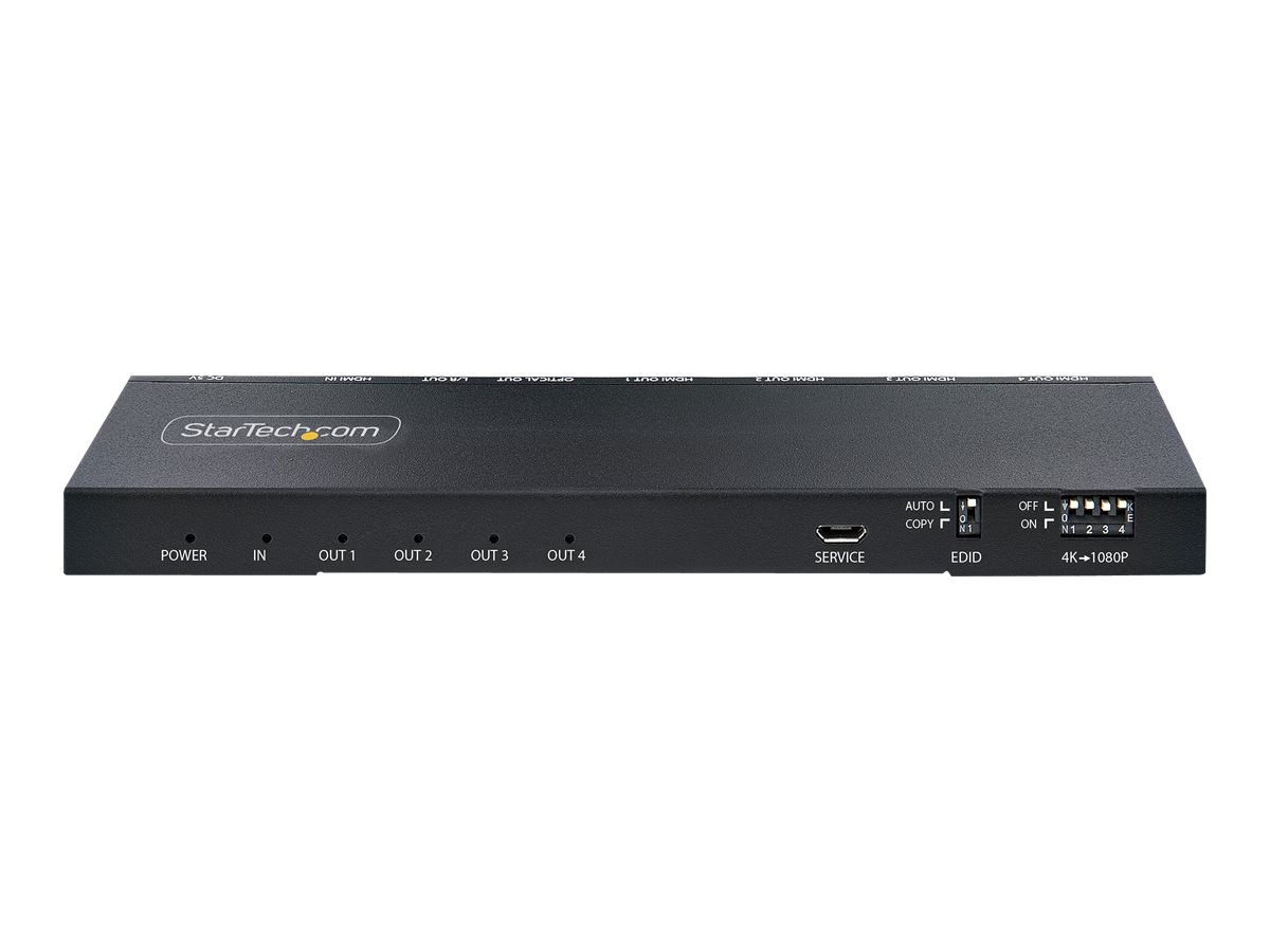 StarTech.com 4-Port HDMI Splitter 4K 60Hz HDMI 2.0 Video 1 In 4 Out HDMI Splitter 4K HDMI Splitter wBuilt-in Scaler 3.5mmOptical Audio Port Durable Metal Housing HDRHDCP - 1x4 HDMI DisplayOutput Splitter (HDMI-SPLITTER-44K60S)