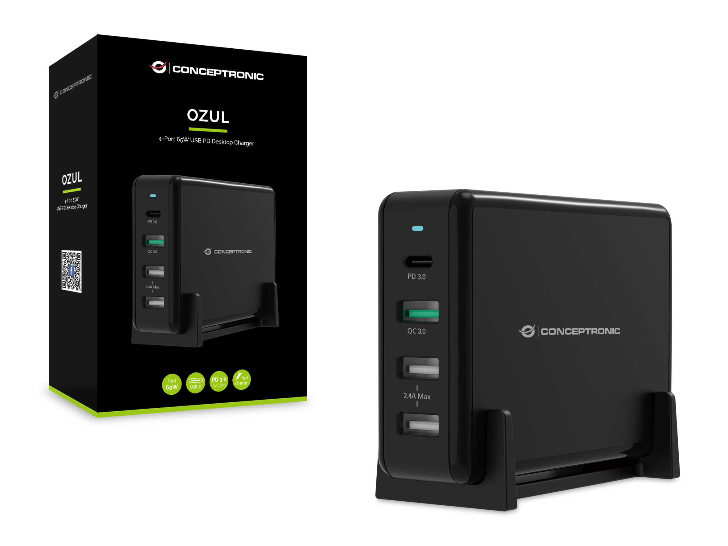 Conceptronic OZUL 4-Port 65W USB-PD Desktop-Ladegerät - Indoor - AC - 5 V - Schwarz, Ansicht 4